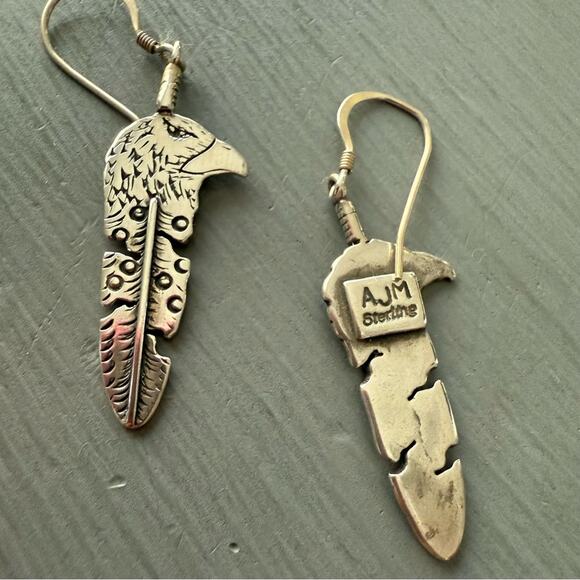 AJM Navajo Sterling Silver Eagle Feather Earrings - Picture 6 of 6